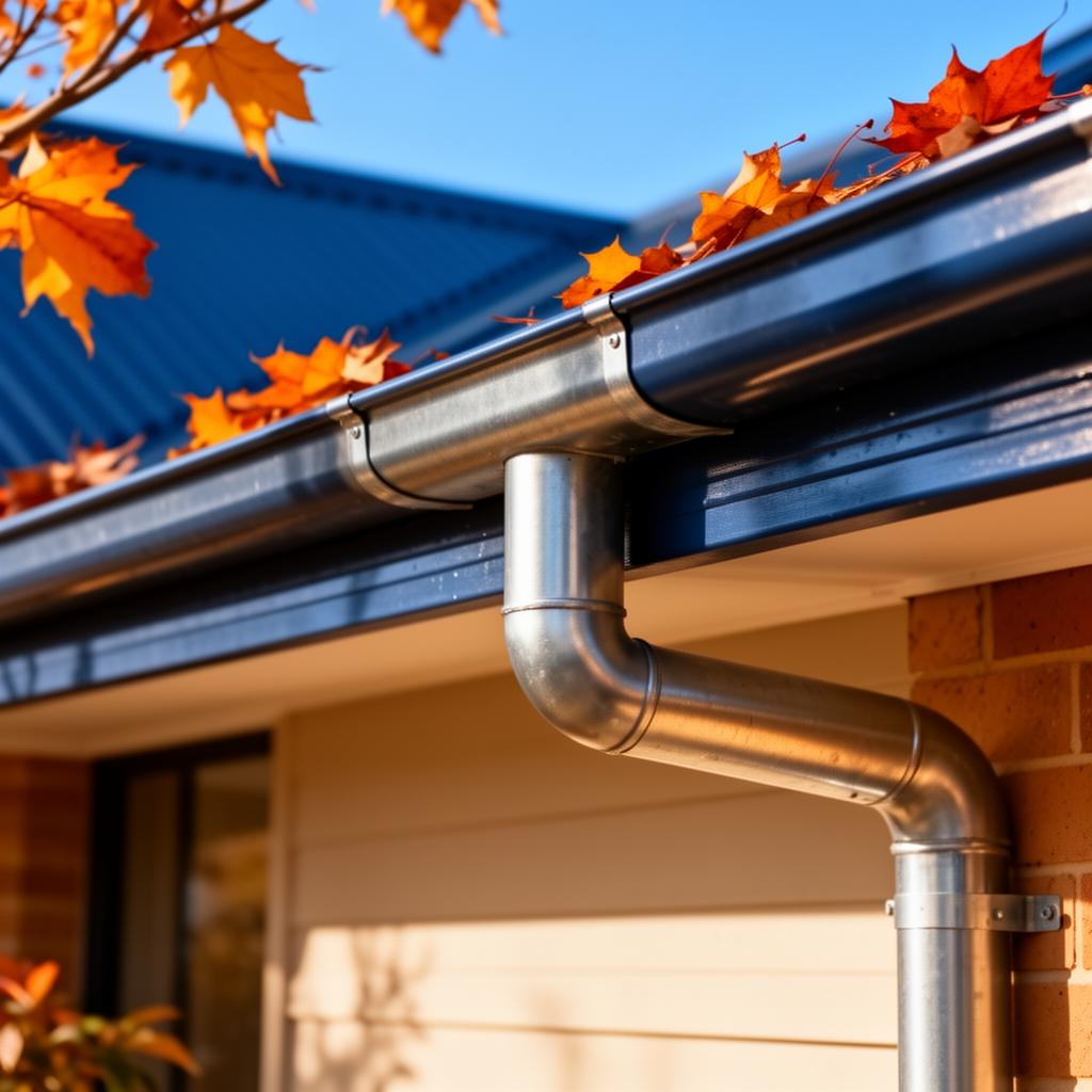 Close-up of a well-maintained residential gutter system with downpipe connection on an Australian home during autumn