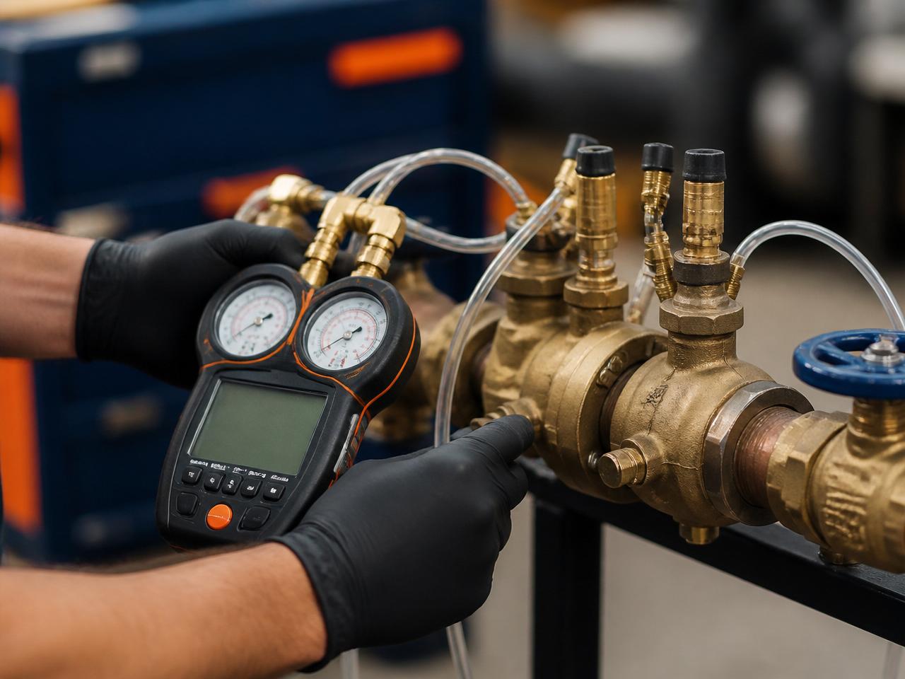 Licensed Sydney plumber using a calibrated digital backflow test kit on the test cocks of a brass backflow prevention device