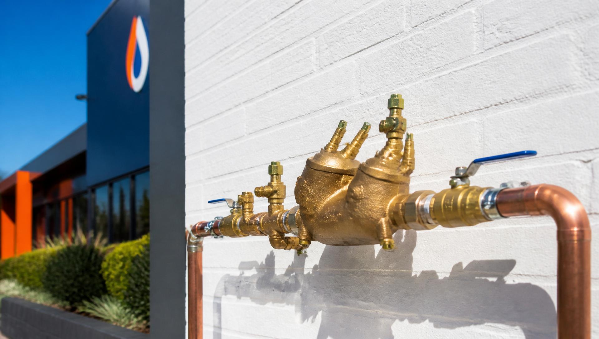 Brass reduced pressure zone backflow prevention device installed on a copper water main at a Sydney commercial building