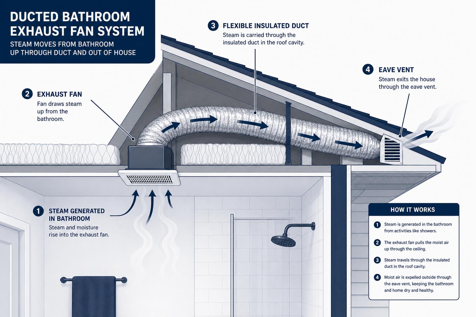 Diagram of a compliant Sydney ducted bathroom exhaust fan venting steam through insulated duct in the roof cavity to an external eave vent