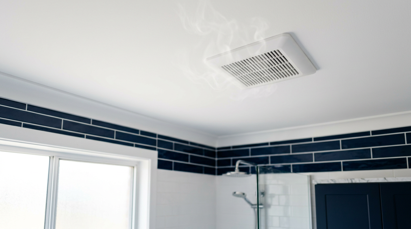 Modern Sydney bathroom ceiling exhaust fan venting steam during a winter shower with navy and white tile palette