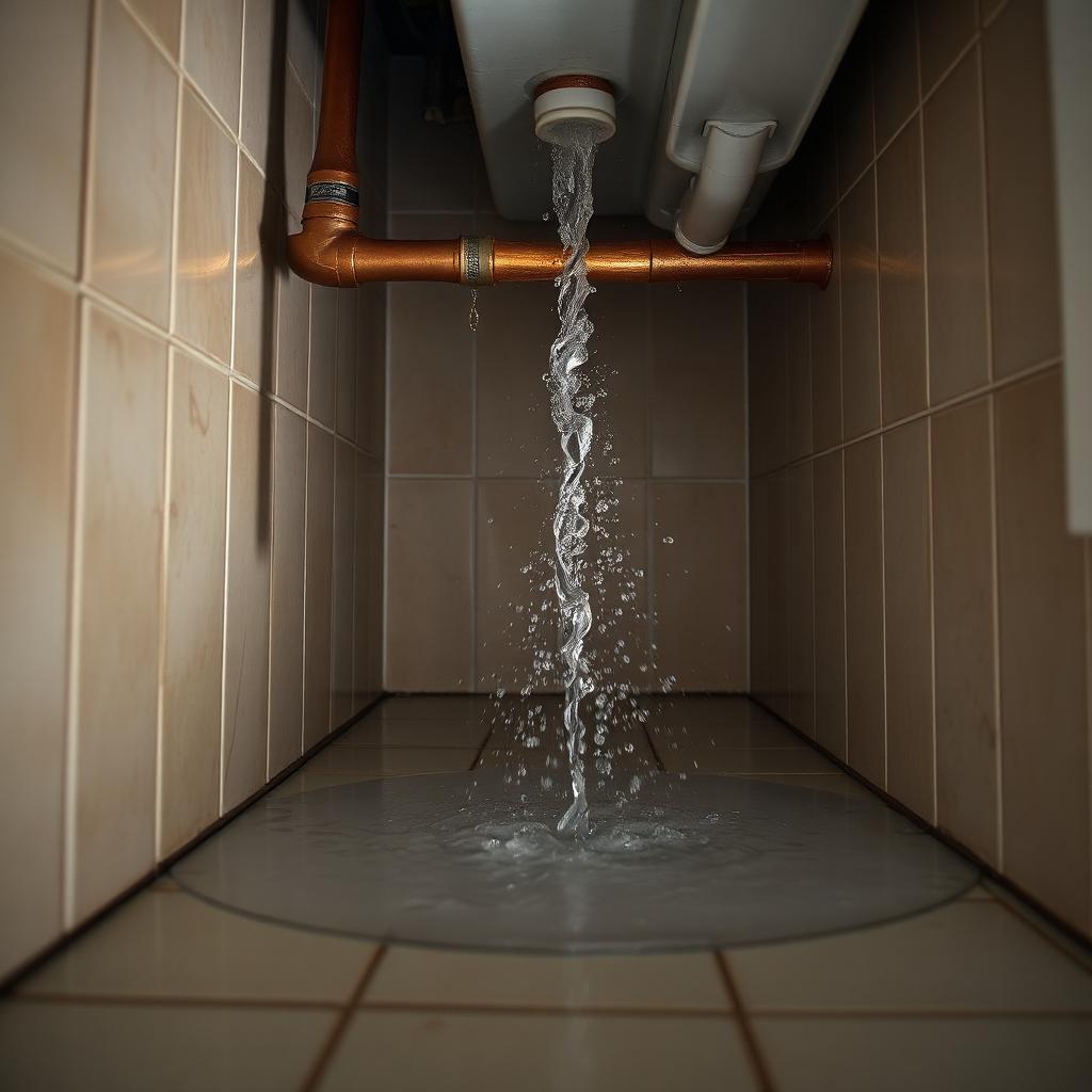 Burst copper pipe spraying water onto a tiled laundry floor in a Sydney home