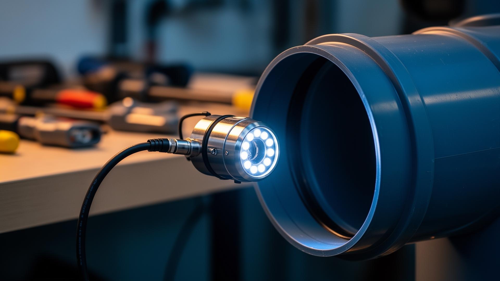 Stainless steel CCTV drain camera with LED ring light entering a residential PVC stormwater pipe in a Sydney workshop