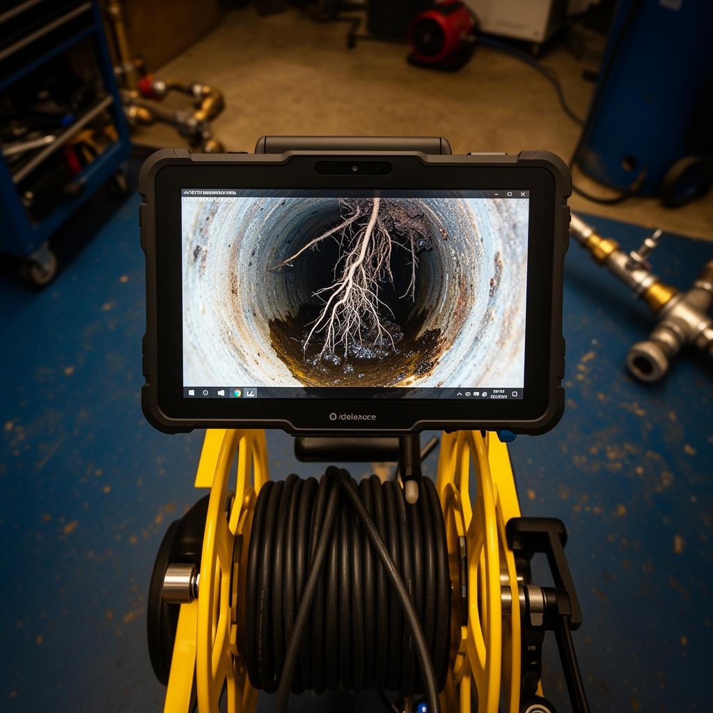 Live CCTV drain camera footage showing tree root intrusion inside a residential sewer pipe in Sydney
