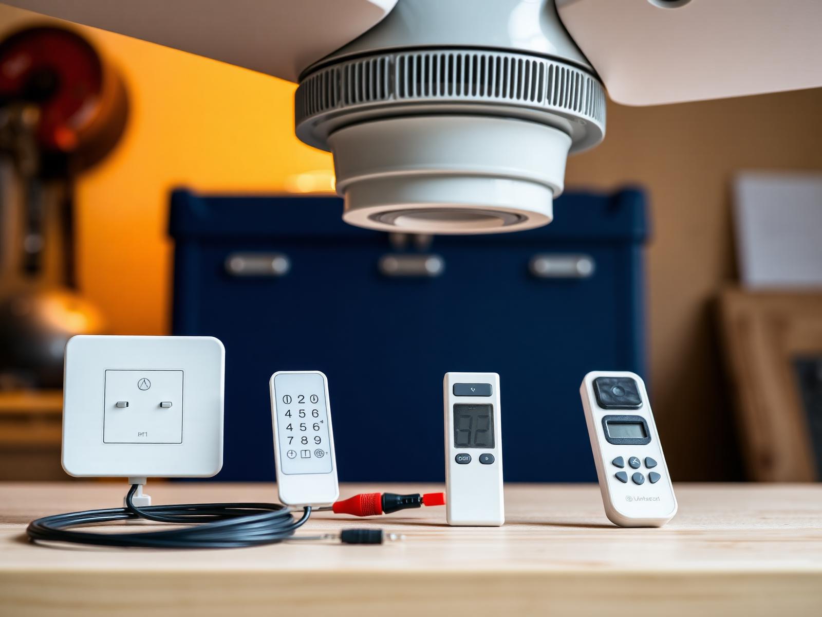Ceiling fan DC motor housing with wall controller and remote controls arranged on a workbench during ceiling fan installation preparation