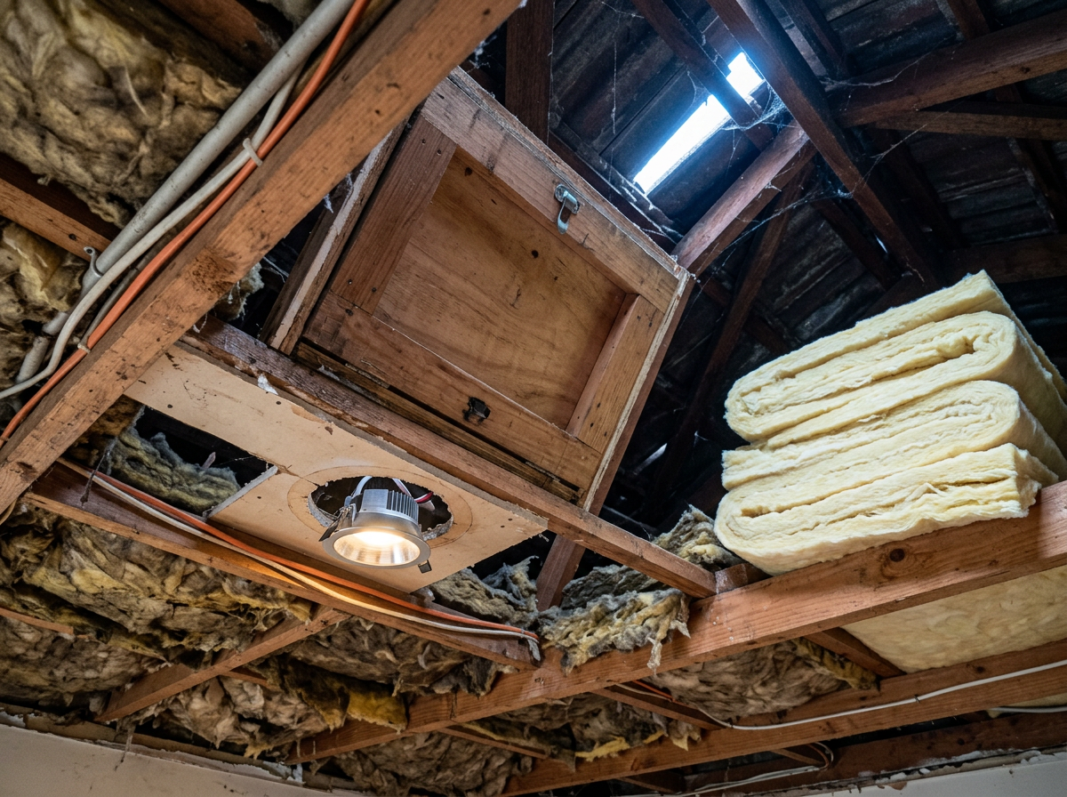 Gap in ceiling insulation around a recessed downlight and manhole in a Sydney roof space causing winter heat loss