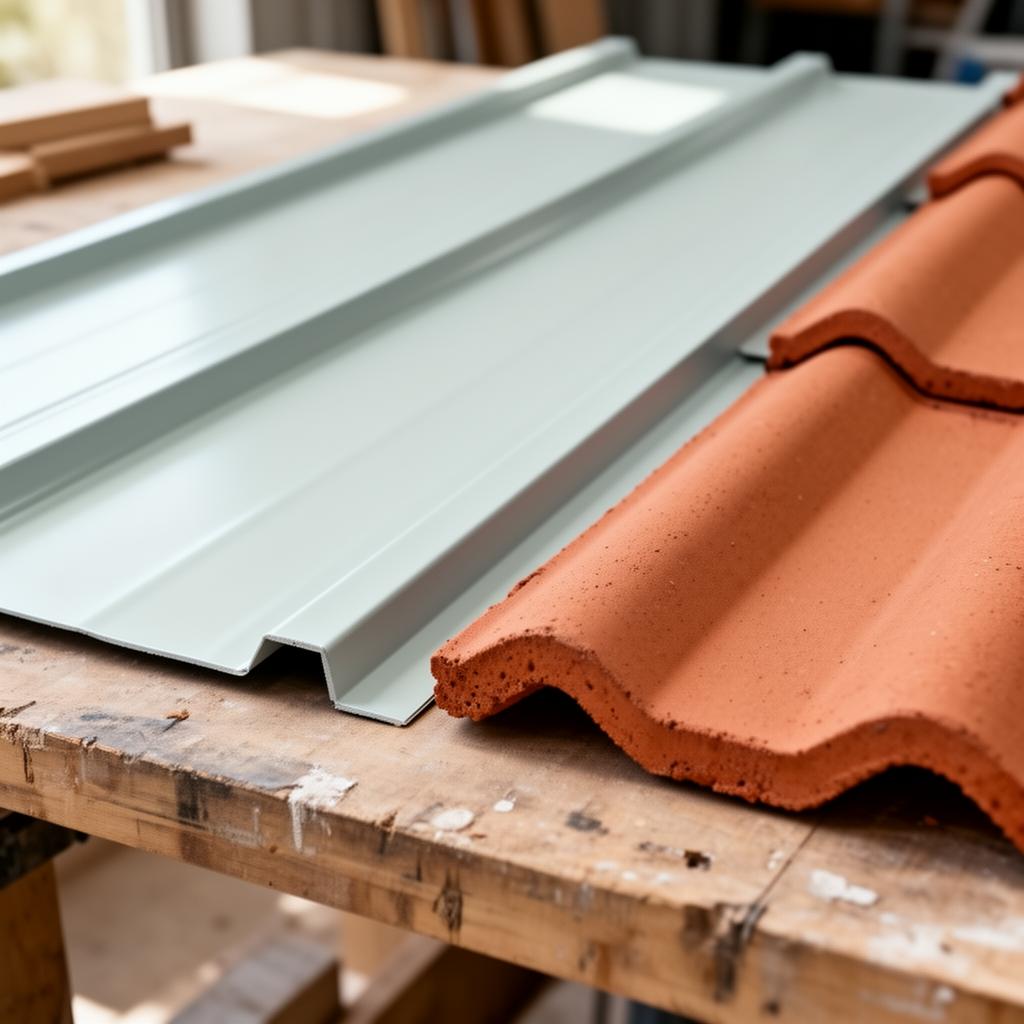 Close-up comparison of Colorbond steel roofing sheet and terracotta roof tile side by side on workbench
