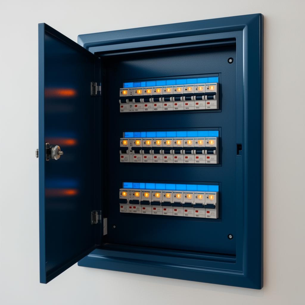 Modern Australian home switchboard with circuit breakers and RCD safety switches during an electrical safety inspection