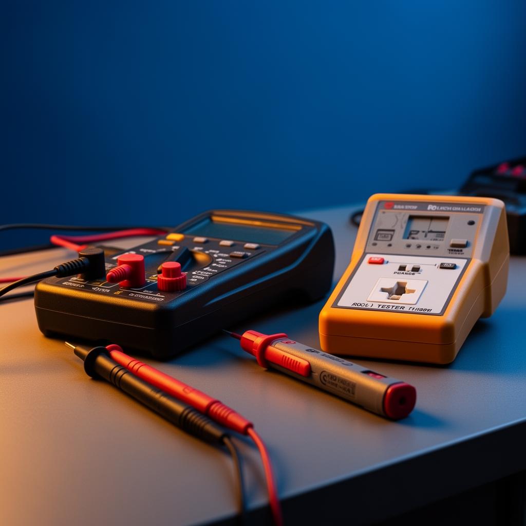 Professional electrical safety inspection tools including a digital multimeter, voltage tester, and RCD testing device on a workbench