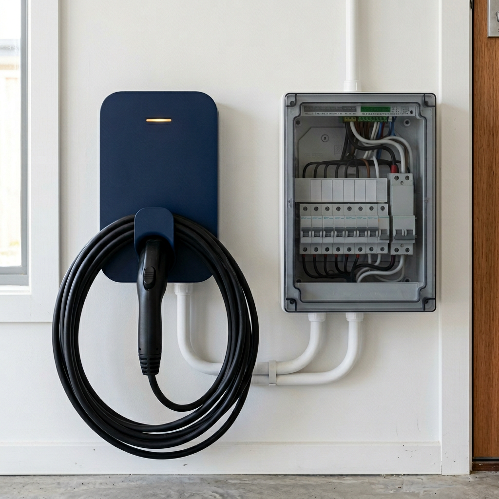 Wall-mounted Level 2 EV charger installed beside an upgraded electrical switchboard with circuit breakers in a Sydney home