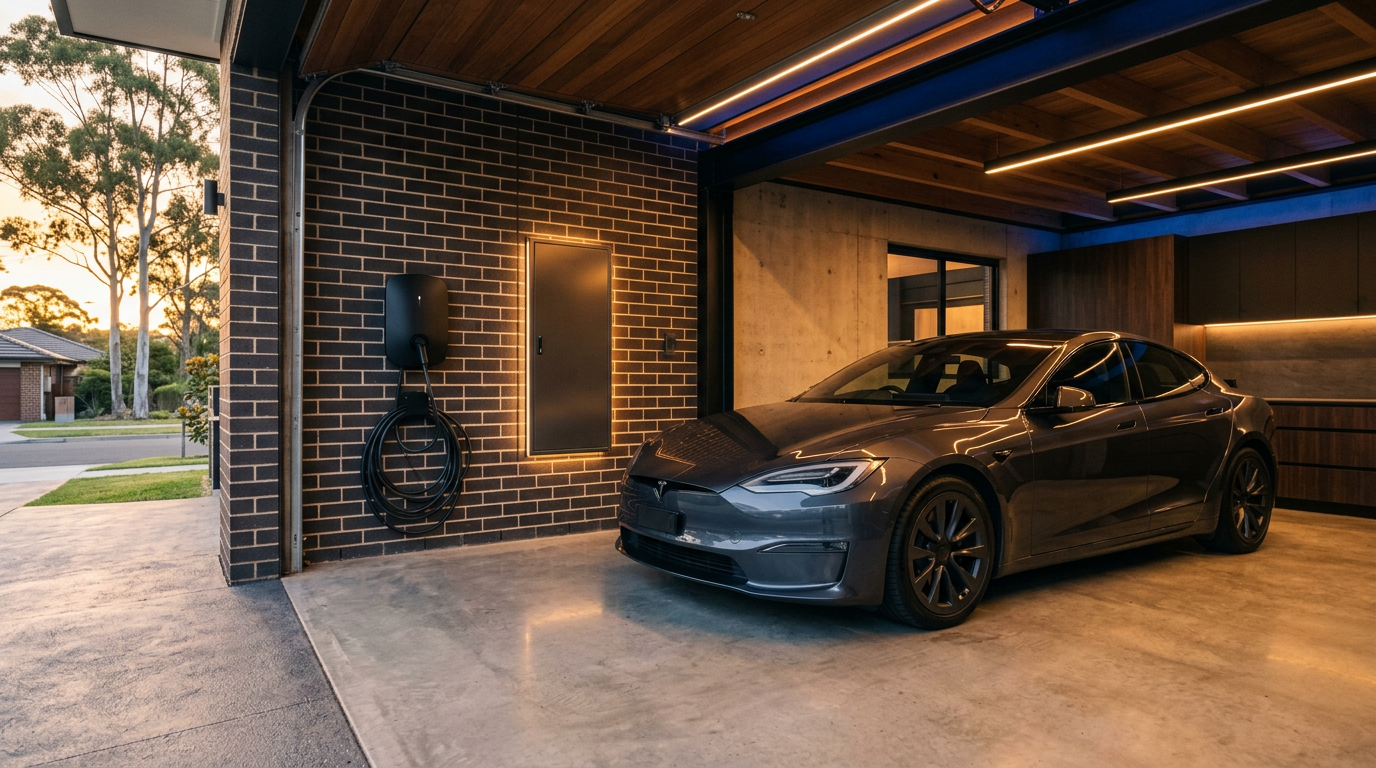 Home EV charger installation in a modern Sydney garage with a wall-mounted Level 2 charger and electric vehicle