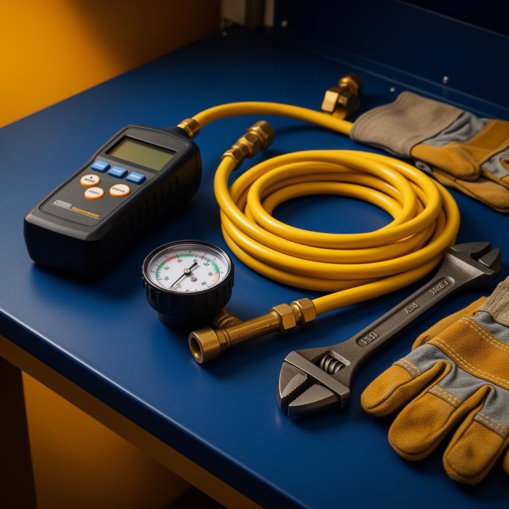 Professional gas fitting tools including leak detector, pressure gauge, and safety equipment for gas heater servicing in Sydney