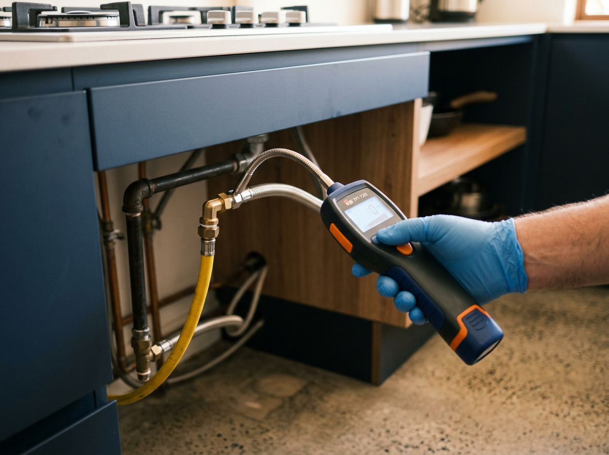 Licensed Sydney gasfitter using an electronic gas leak detector to trace a leak on a flexible connector behind a natural gas cooktop during a winter service call