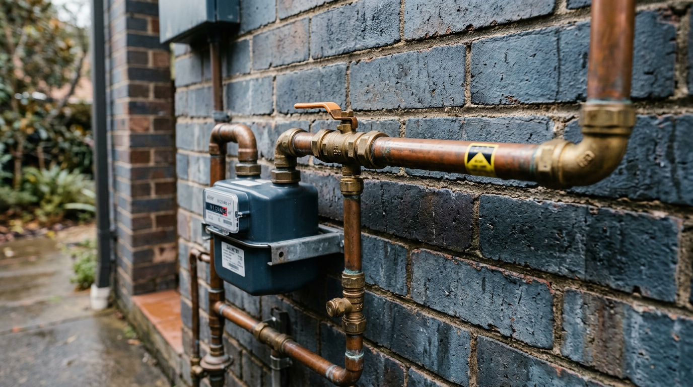 Copper gas pipework and residential gas meter on the exterior brick wall of a Sydney home in winter, showing the quarter turn shut off valve