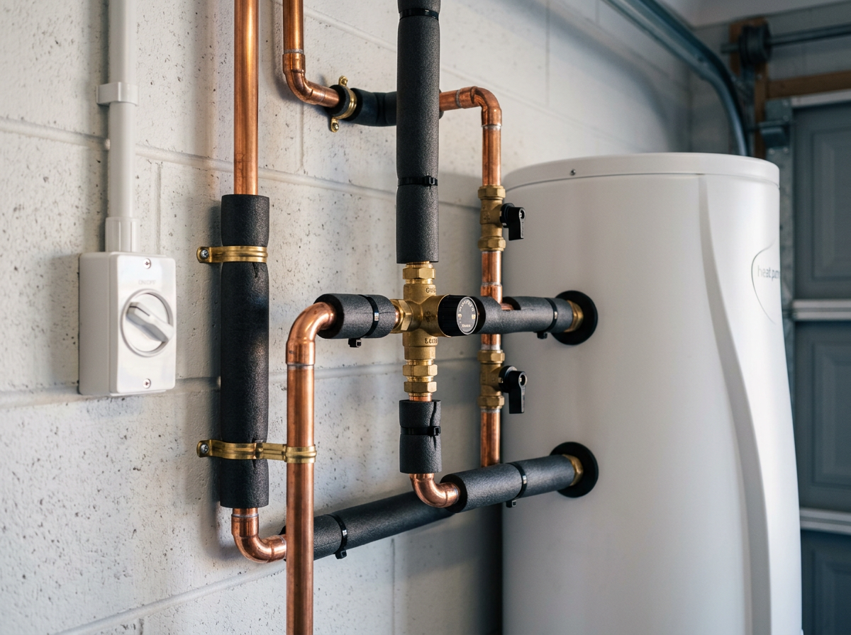 Copper pipework, tempering valve and isolator switch connected to a modern heat pump hot water cylinder in a Sydney garage