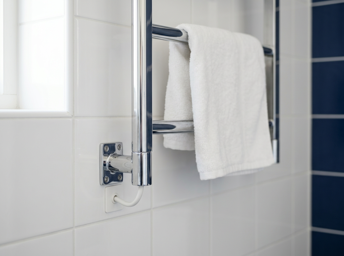 Chrome heated towel rail wall mounting bracket and concealed electrical connection in a Sydney bathroom