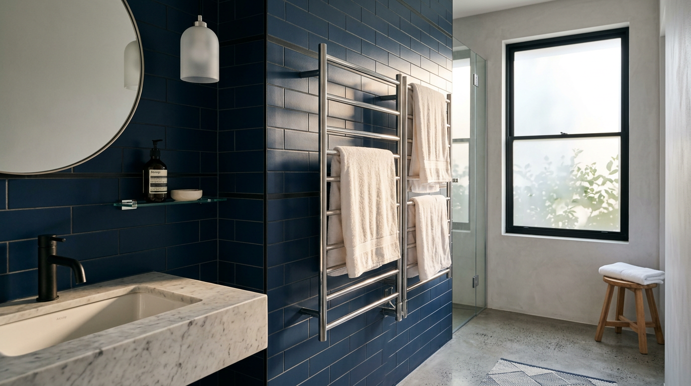 Heated towel rail installation Sydney bathroom with navy tile feature wall and warm towels