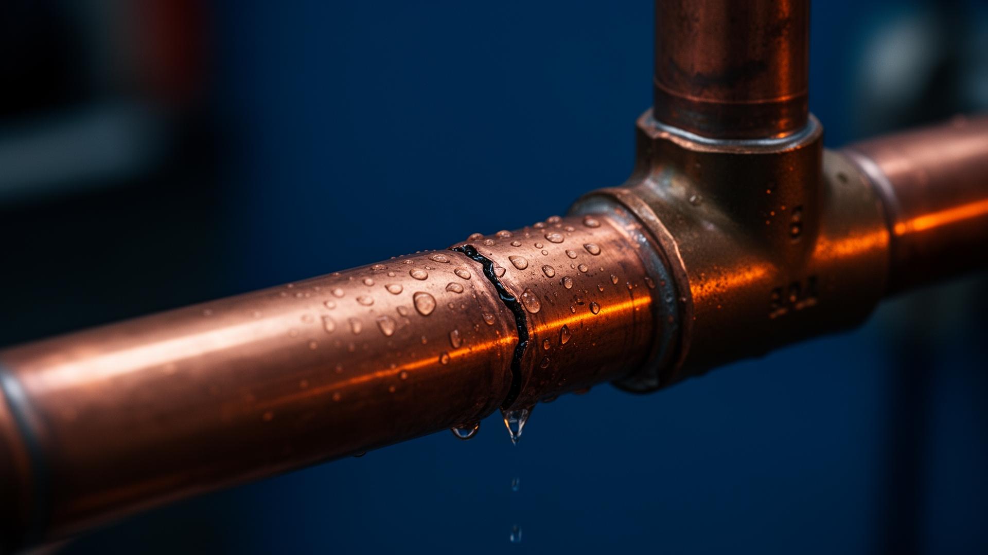 Copper pipe with water droplets indicating a hidden water leak requiring professional detection