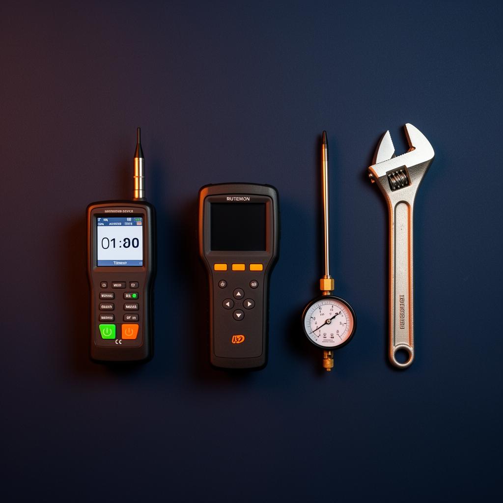 Professional plumbing leak detection tools including acoustic sensor, moisture meter, and pressure gauge used by licensed plumbers