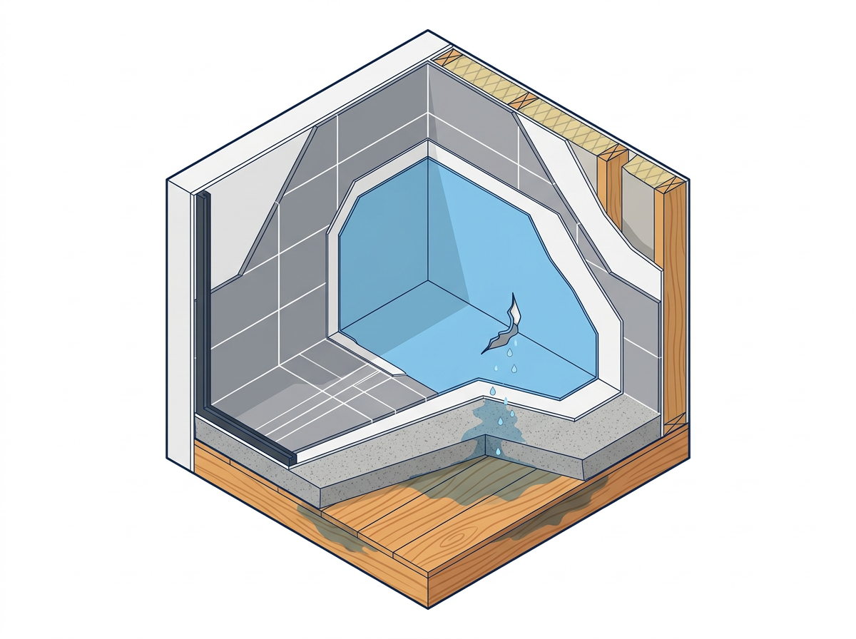 Cross-section diagram of a Sydney shower showing tiles, grout, waterproof membrane and timber subfloor with water seeping through a failed membrane section