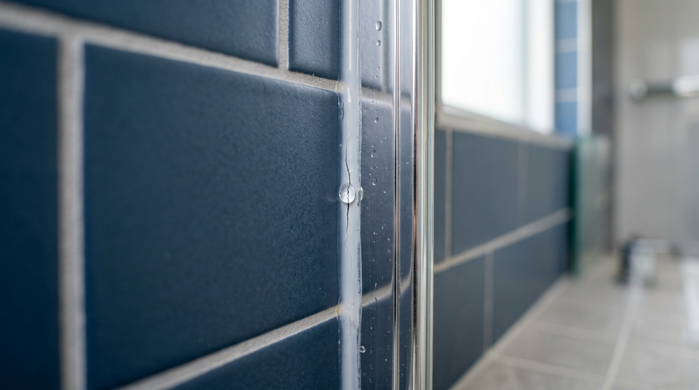Hairline crack in shower silicone seal on navy tile in a Sydney bathroom showing winter shower leak risk