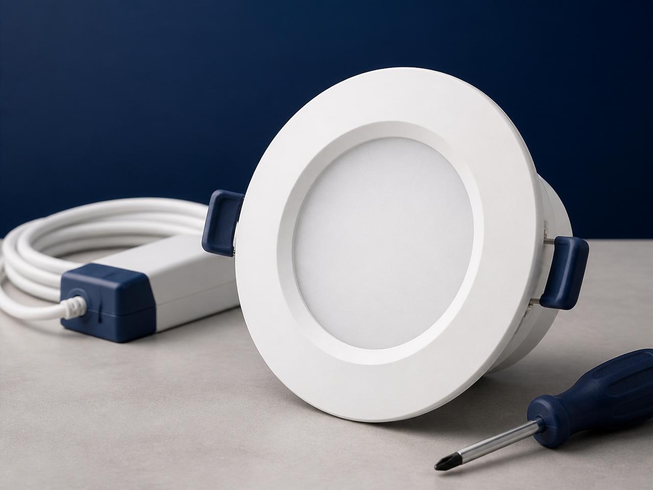 Modern IC-4 rated dimmable LED downlight fitting with driver ready for installation in a Sydney ceiling