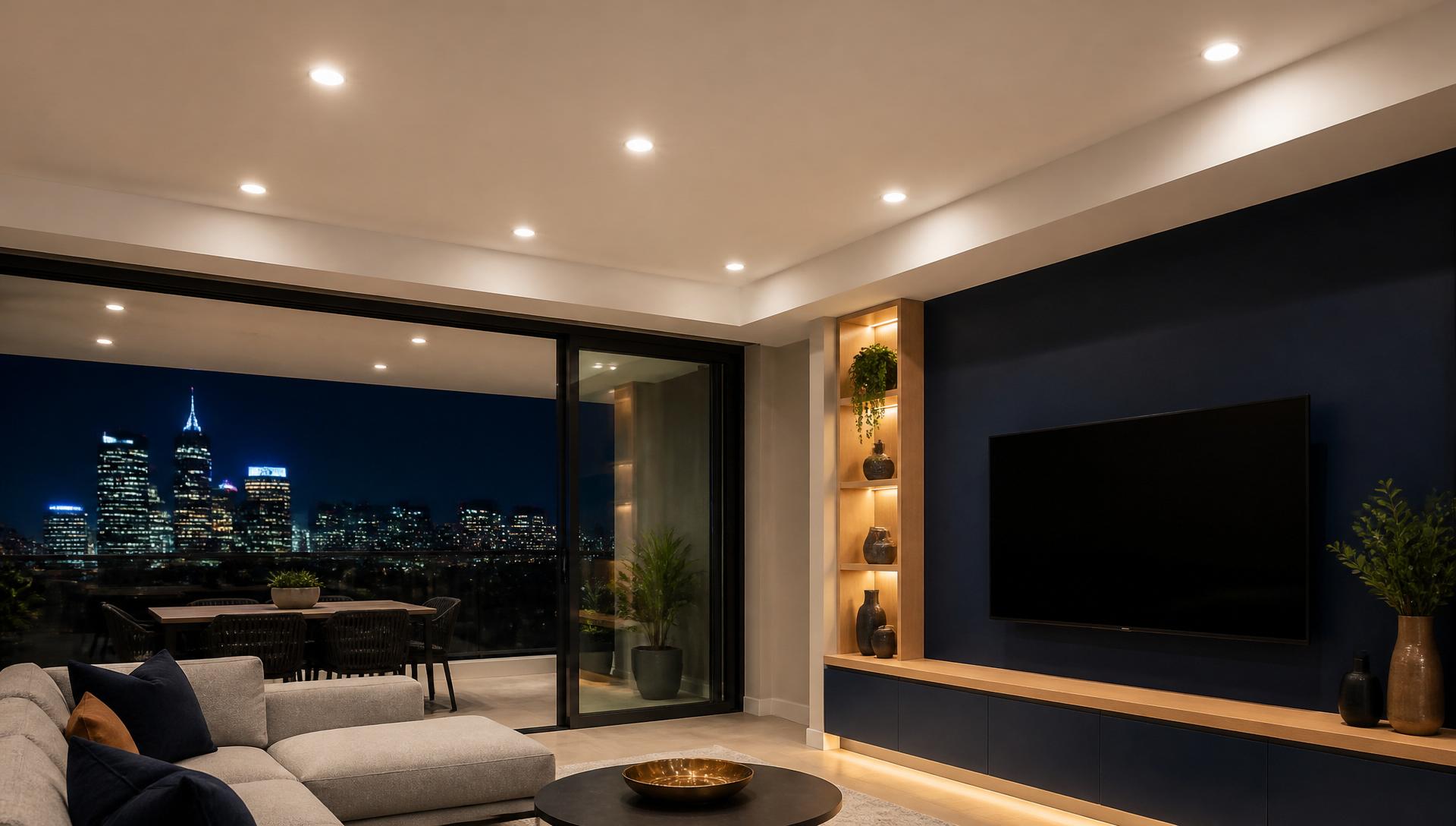 Modern Sydney living room ceiling with warm white recessed LED downlights installed after a halogen upgrade