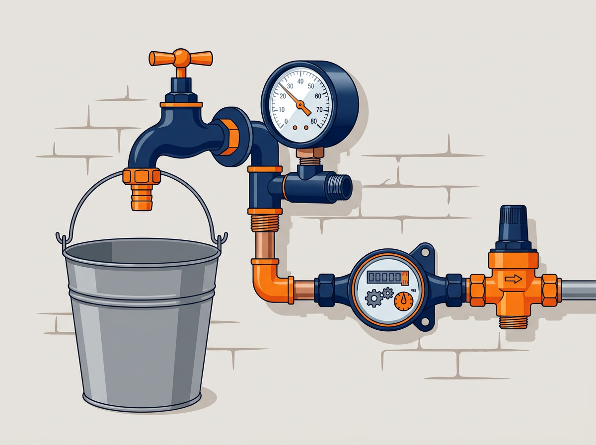 Bucket test and pressure gauge on a Sydney garden tap beside the water meter and pressure limiting valve, the first check for low water pressure
