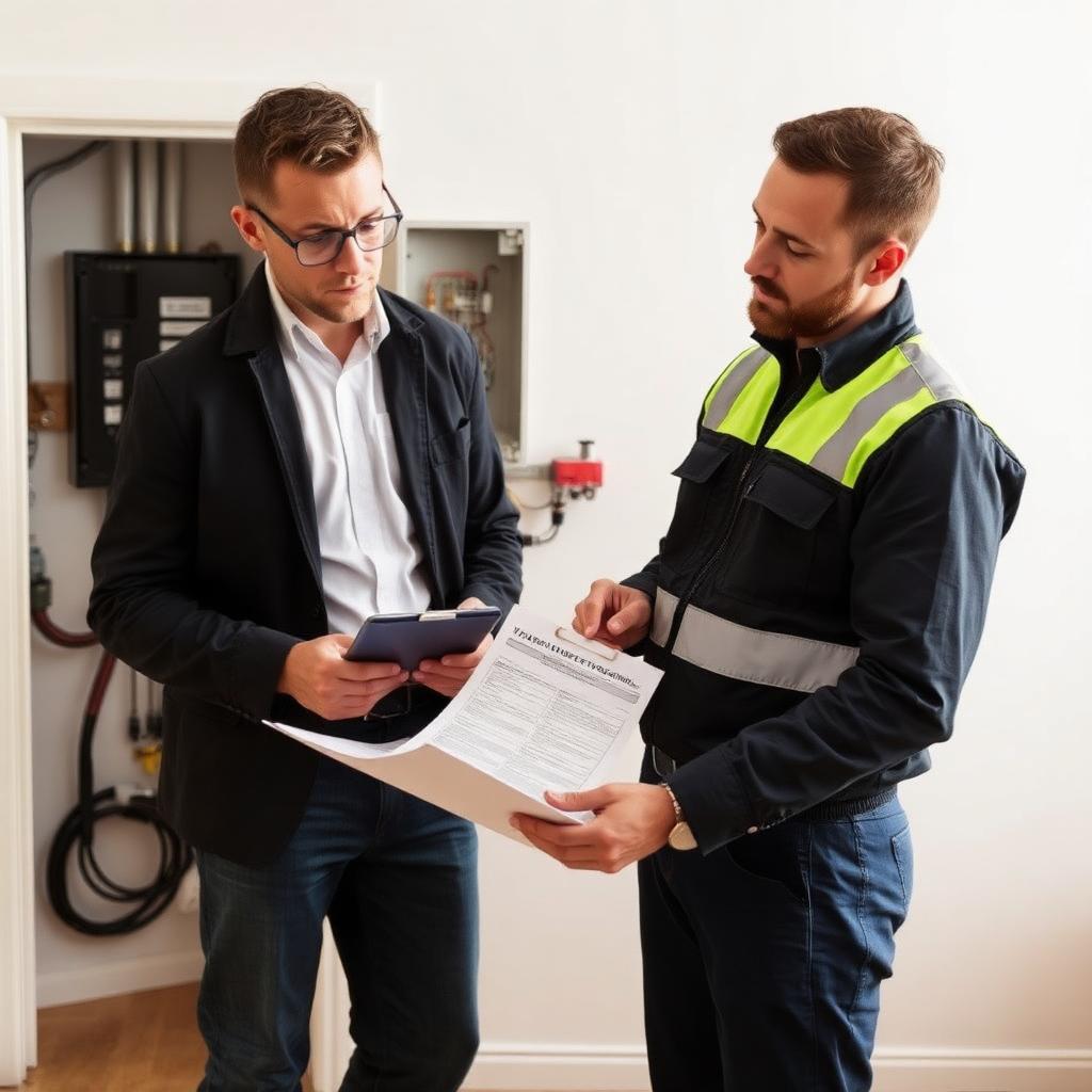 NSW landlord and electrician reviewing a rental electrical safety report