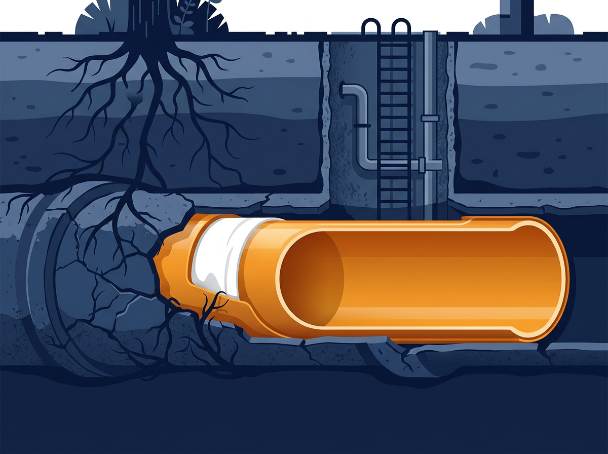 Cutaway diagram of pipe relining in a Sydney sewer showing tree roots outside a cracked clay pipe and a smooth cured resin liner inside