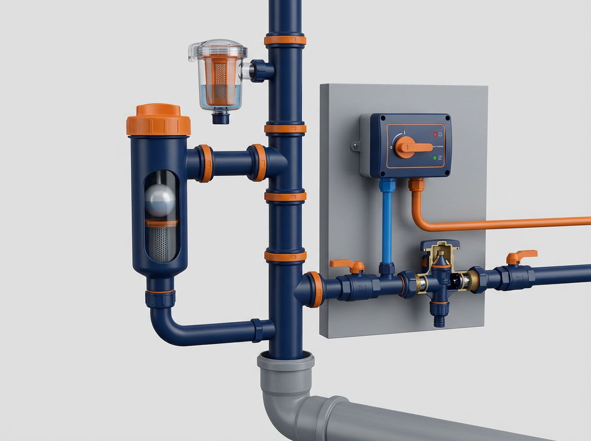 First flush diverter, leaf strainer, rainwater to mains switching valve and brass backflow prevention device on a rainwater tank installation