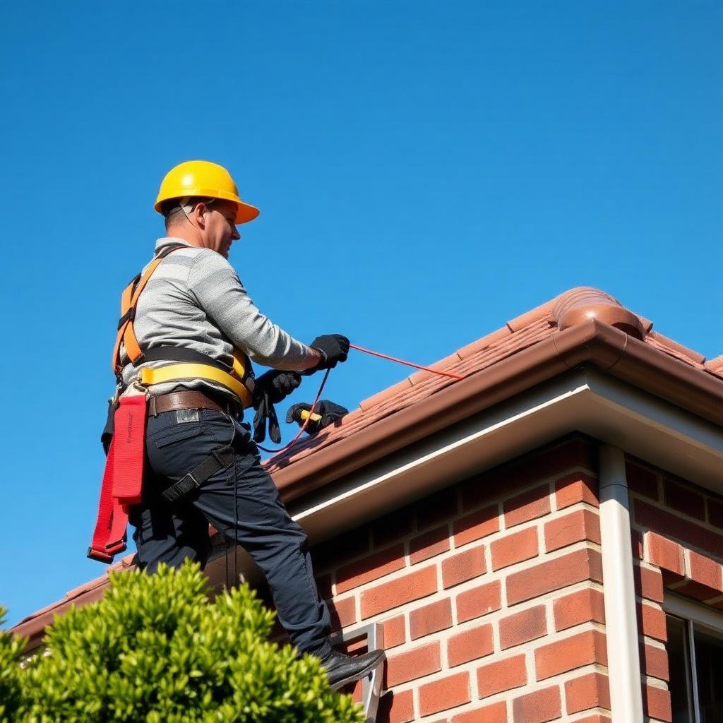 Licensed Sydney roofer in harness repairing a leaking tile roof on a suburban brick home