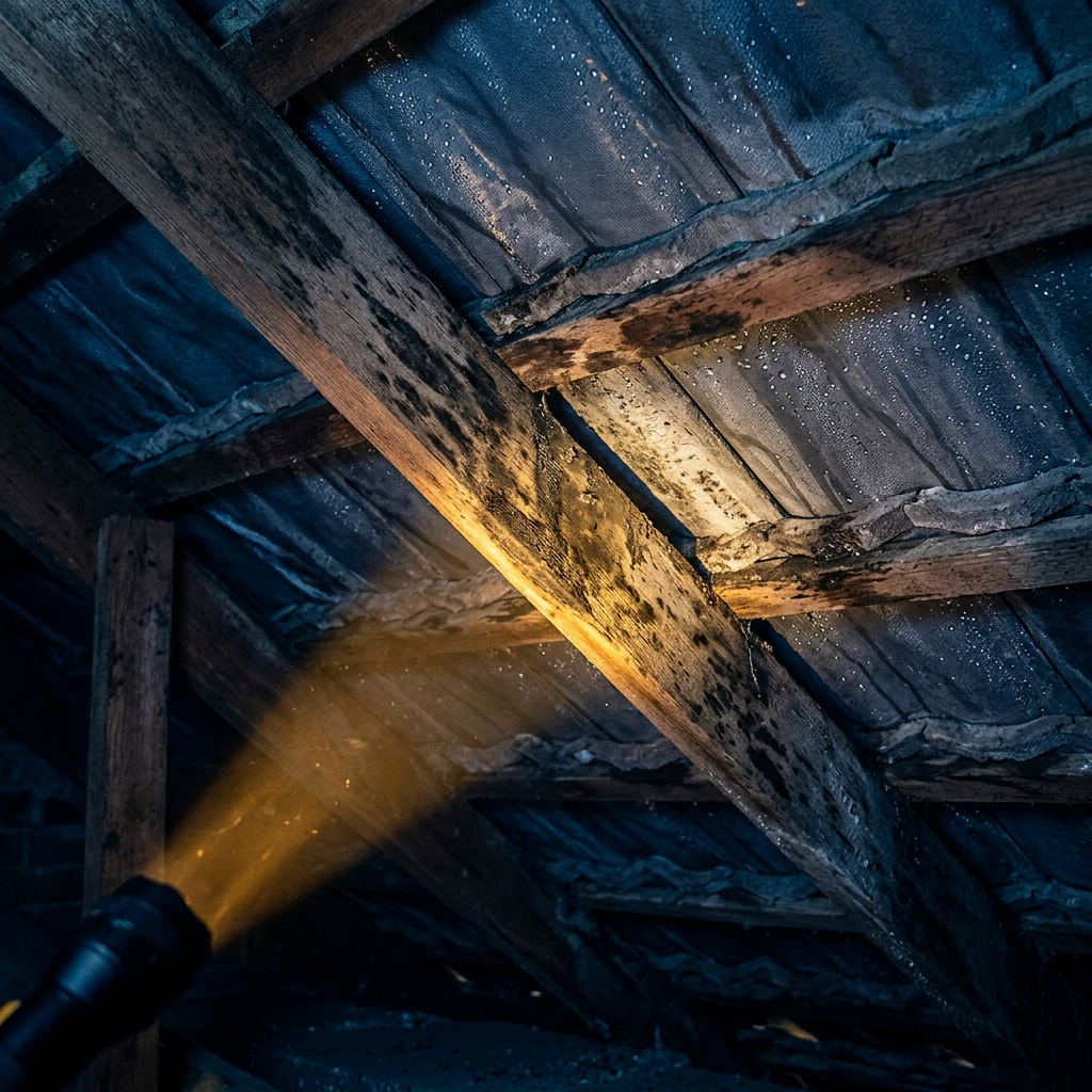 Close-up of mould staining and condensation droplets on the underside of a Sydney tile roof sarking and timber rafters