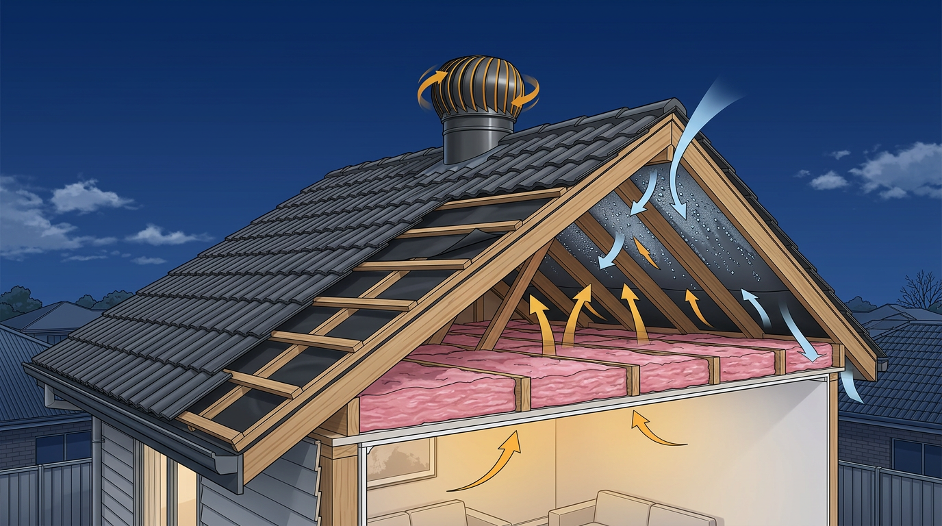 Cutaway diagram of a Sydney suburban roof cavity in winter showing whirlybird ventilator, sarking, insulation batts and condensation droplets