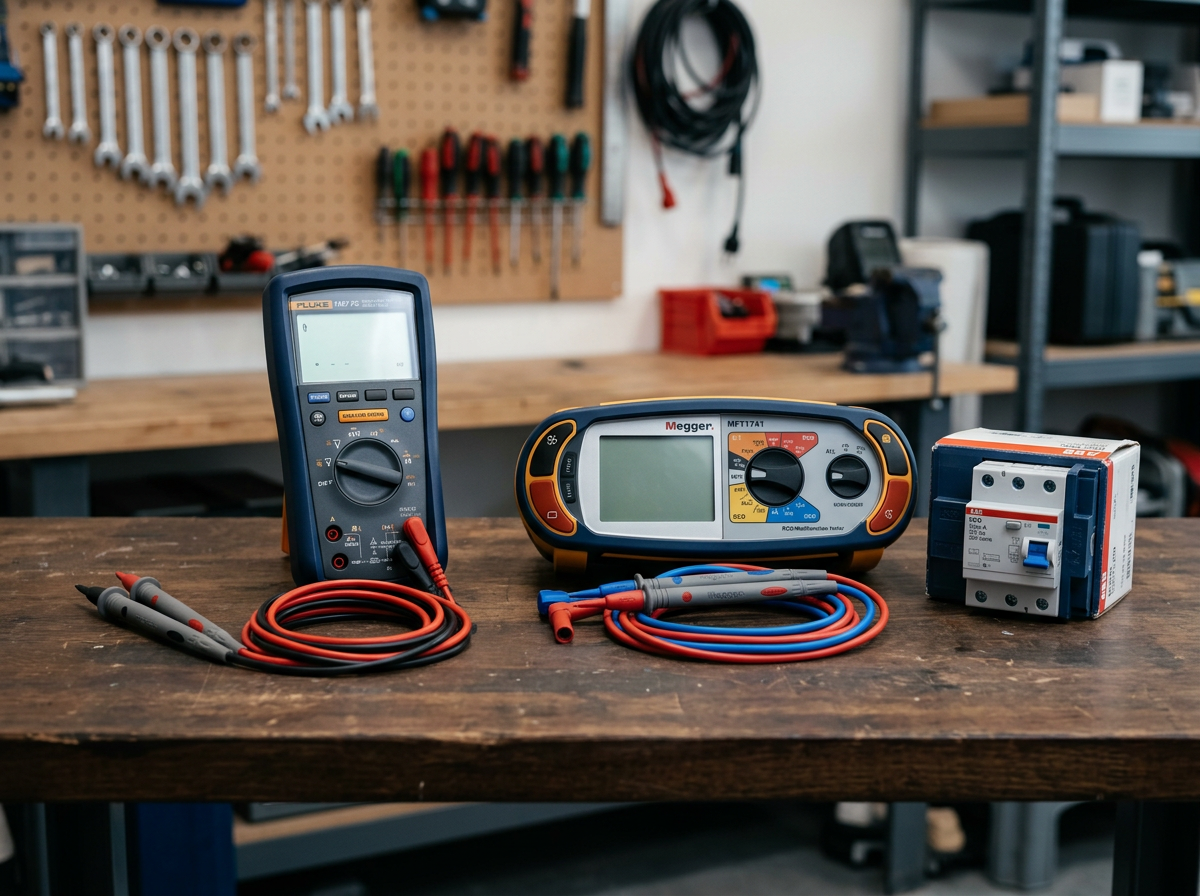 Electrician insulation resistance tester and RCD test meter used for safety switch fault finding in Sydney homes