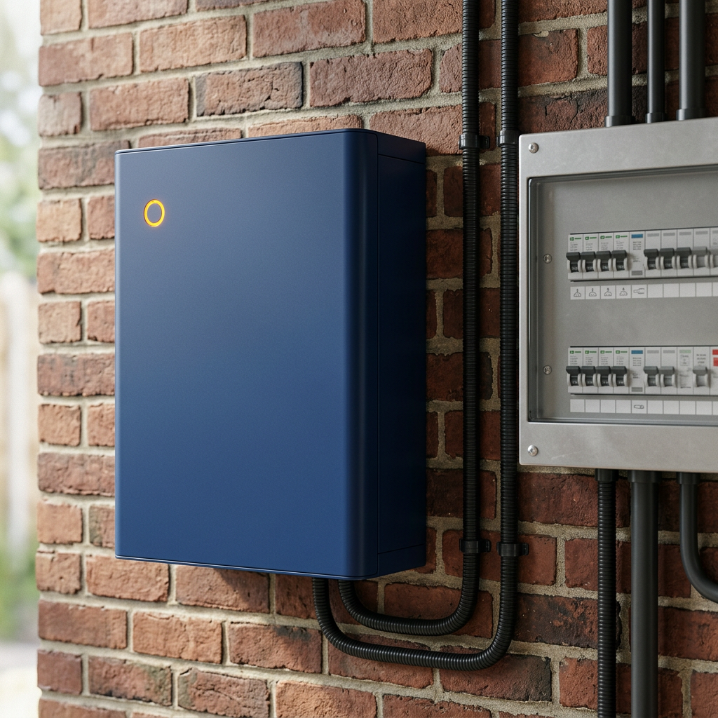 Wall-mounted home solar battery cabinet installed next to a residential electrical switchboard with conduits and circuit breakers