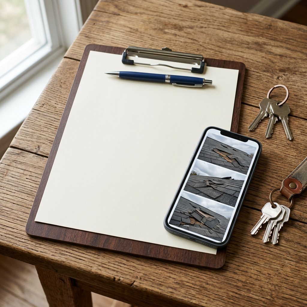 Insurance claim clipboard, pen, house keys and smartphone showing roof damage photos on a wooden table