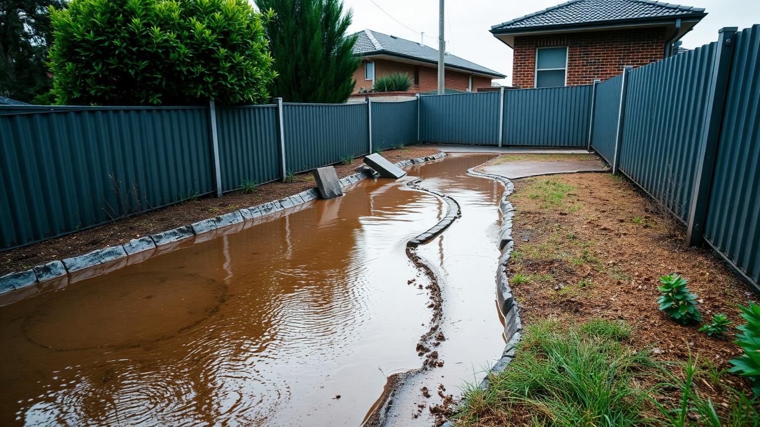 Muddy stormwater pooling between two Sydney backyards after heavy rain