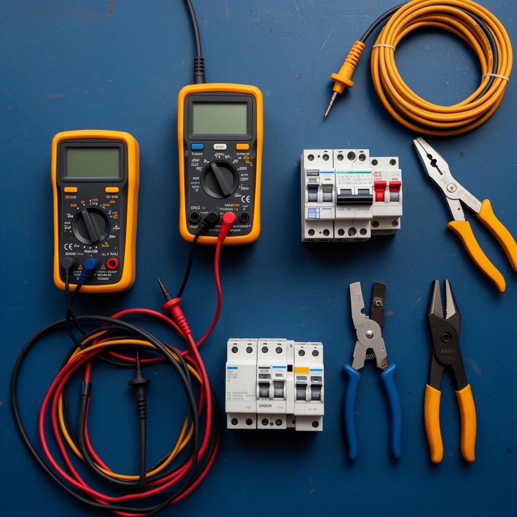 Professional electrician tools including multimeter, circuit breakers, and safety switches used during a switchboard upgrade