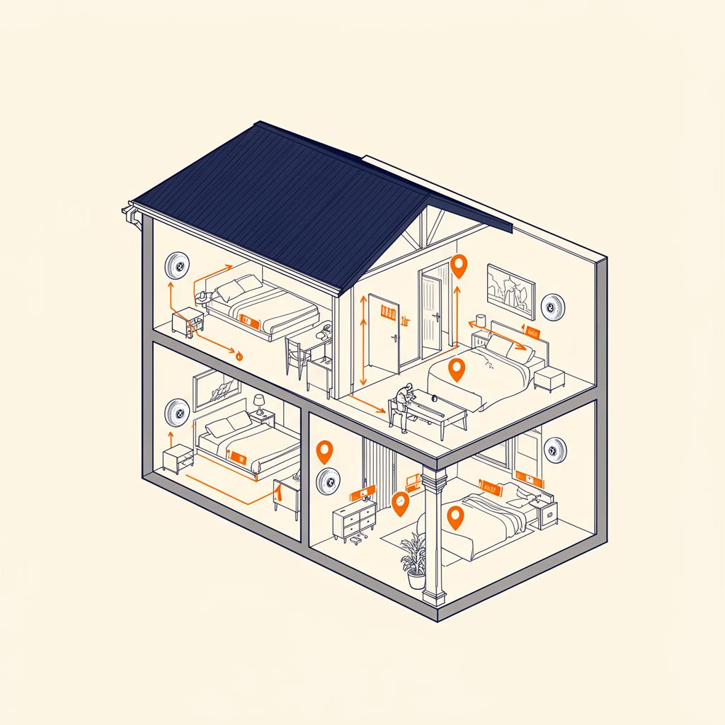 Diagram showing correct smoke alarm placement across two storeys of a Sydney home including hallways outside bedrooms and inside each sleeping room