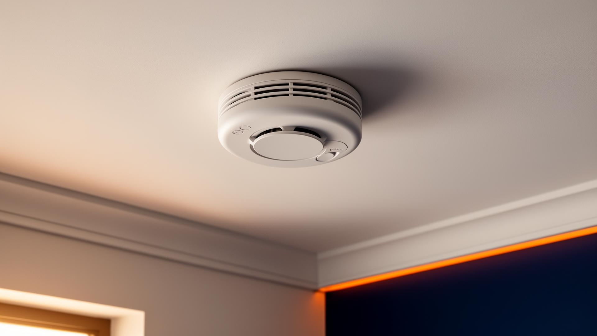 Modern photoelectric smoke alarm installed on the ceiling of a Sydney home with warm winter morning light