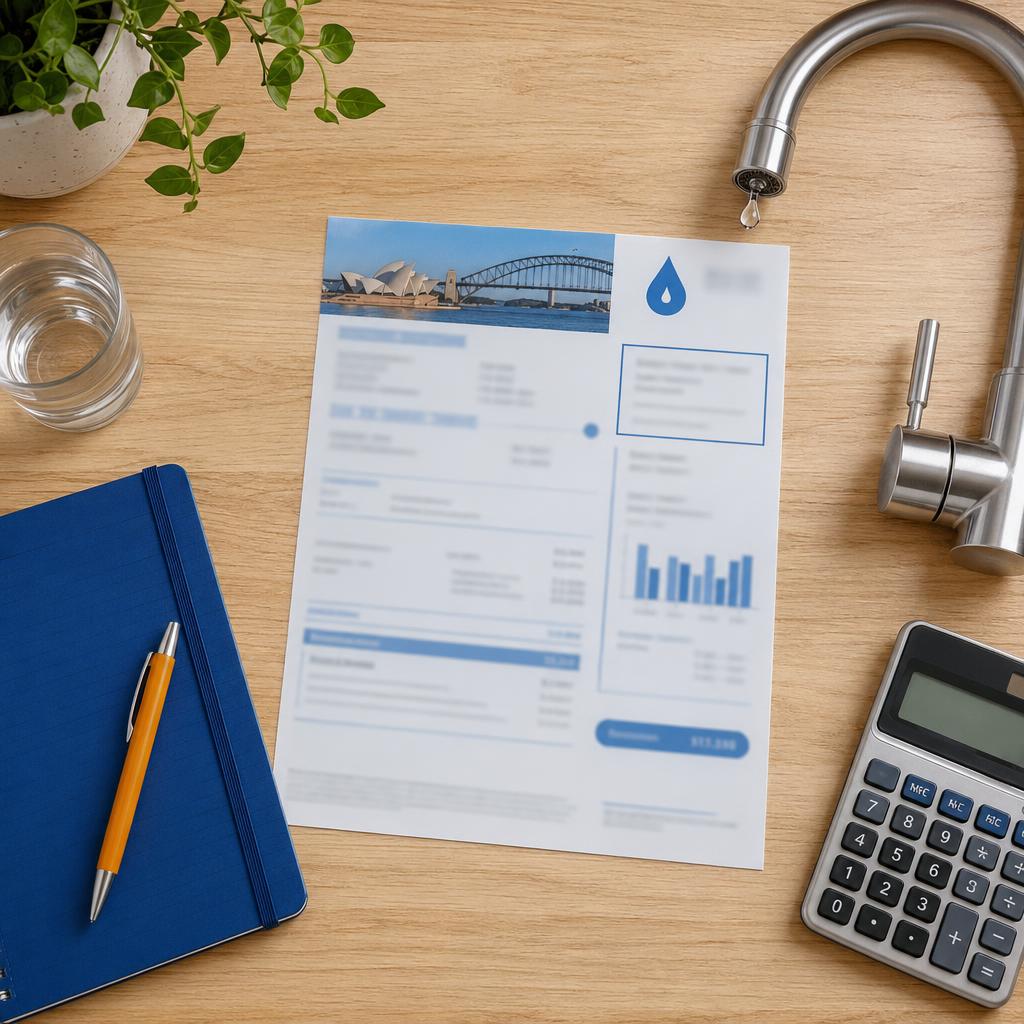 Sydney Water bill, calculator and notepad on a kitchen table illustrating how to review water charges and claim the Hidden Leak Allowance