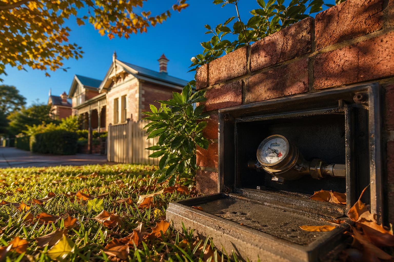 Sydney water meter inside a Federation home garden during autumn, illustrating rising Sydney water bills and hidden leak detection