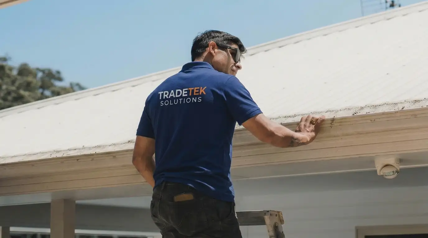 Tradetek worker inspecting gutter line