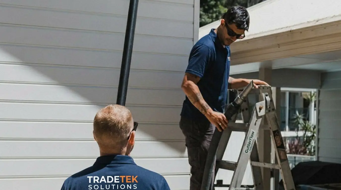 Tradetek technicians setting up ladder