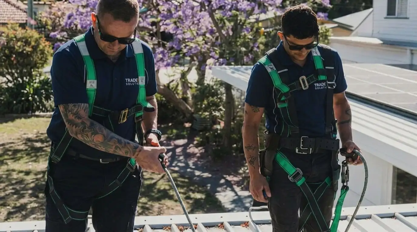 Tradetek team working on roof with safety harnesses