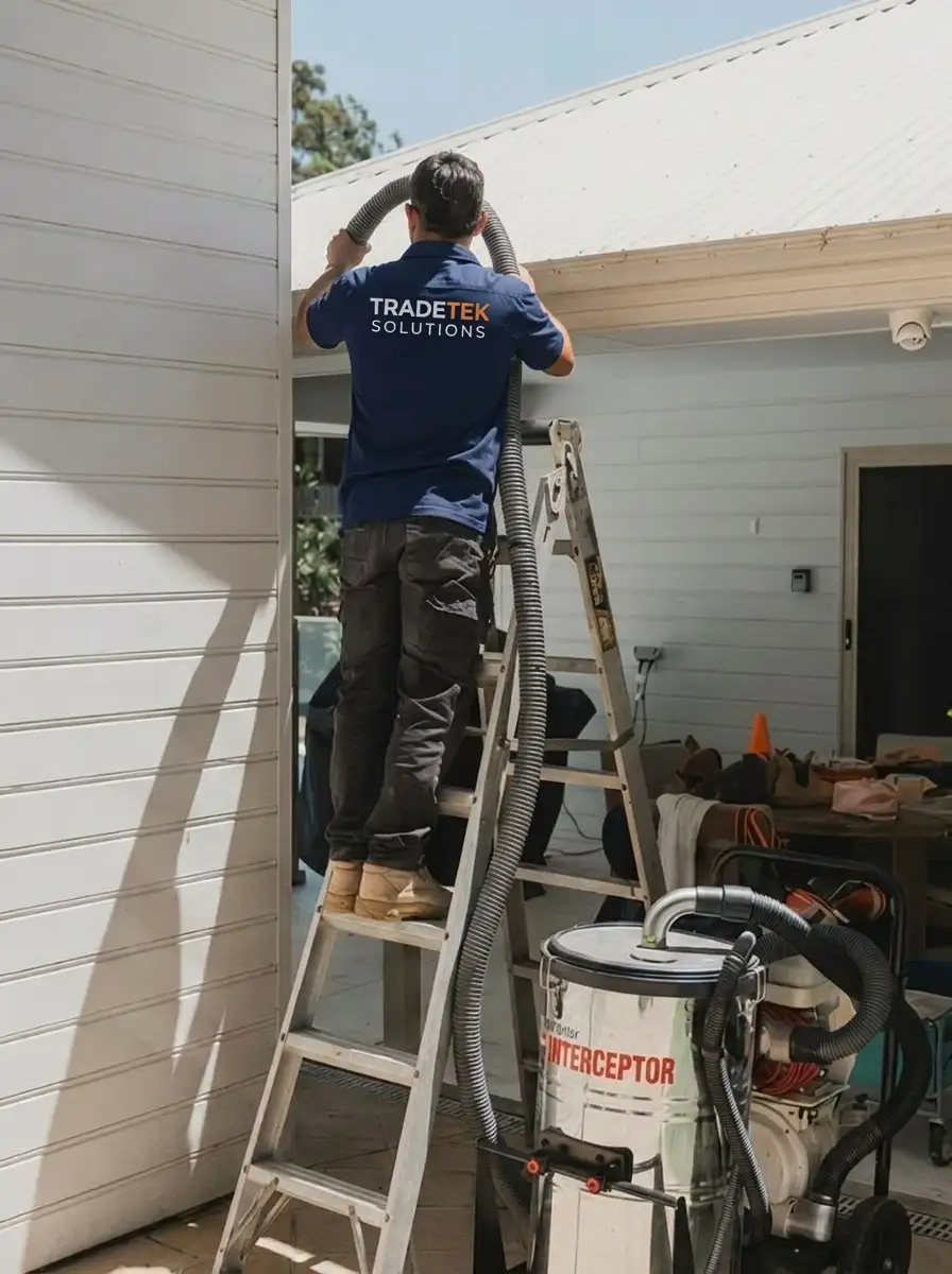 Tradetek technician cleaning gutters with vacuum