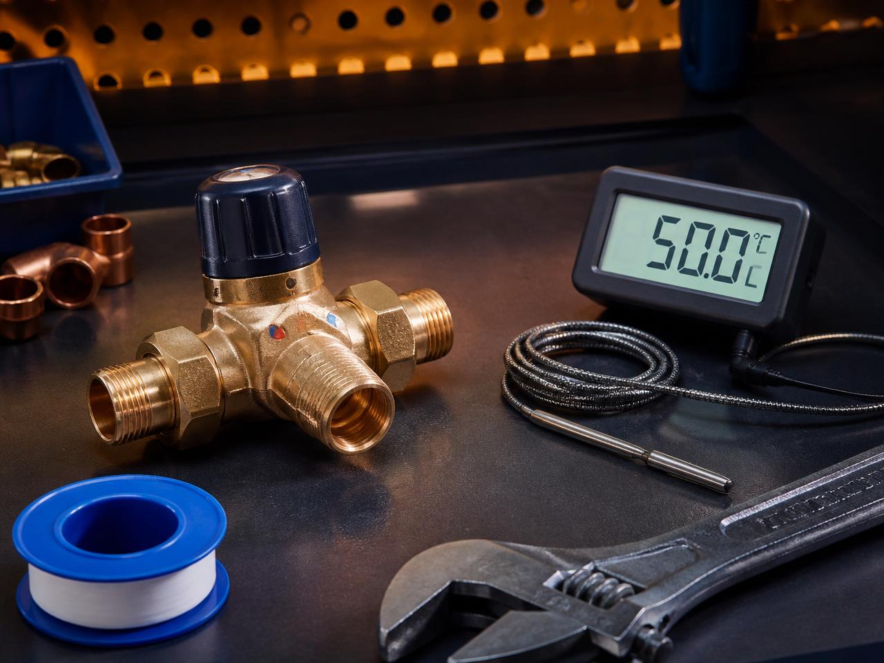New AS 4032.2 compliant brass tempering valve on a workbench with a digital thermometer reading 50 degrees Celsius ready for Sydney installation