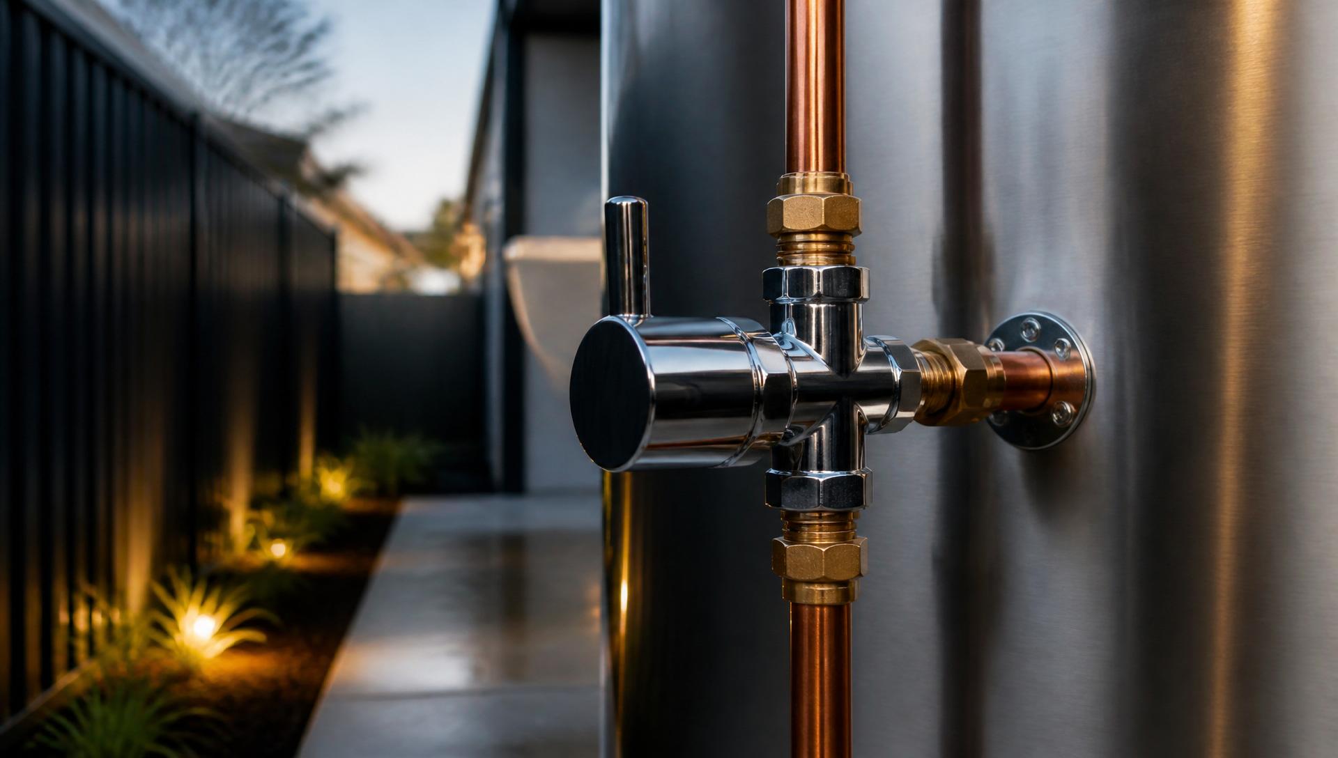 Chrome tempering valve installed on the copper hot water pipework of a Sydney storage hot water system