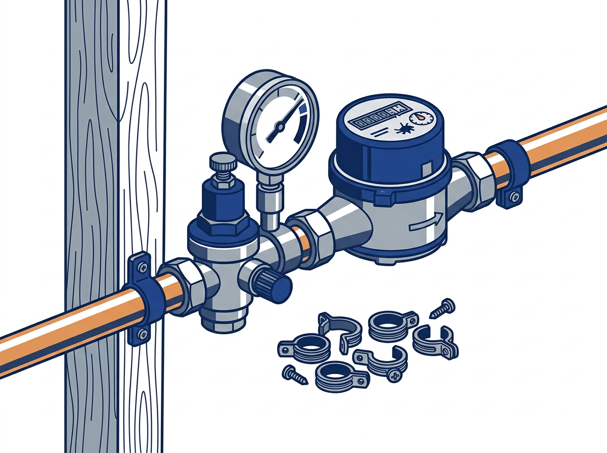 Sydney water meter assembly with a pressure limiting valve, test gauge and loose pipe clips, the two most common causes of water hammer in Sydney homes